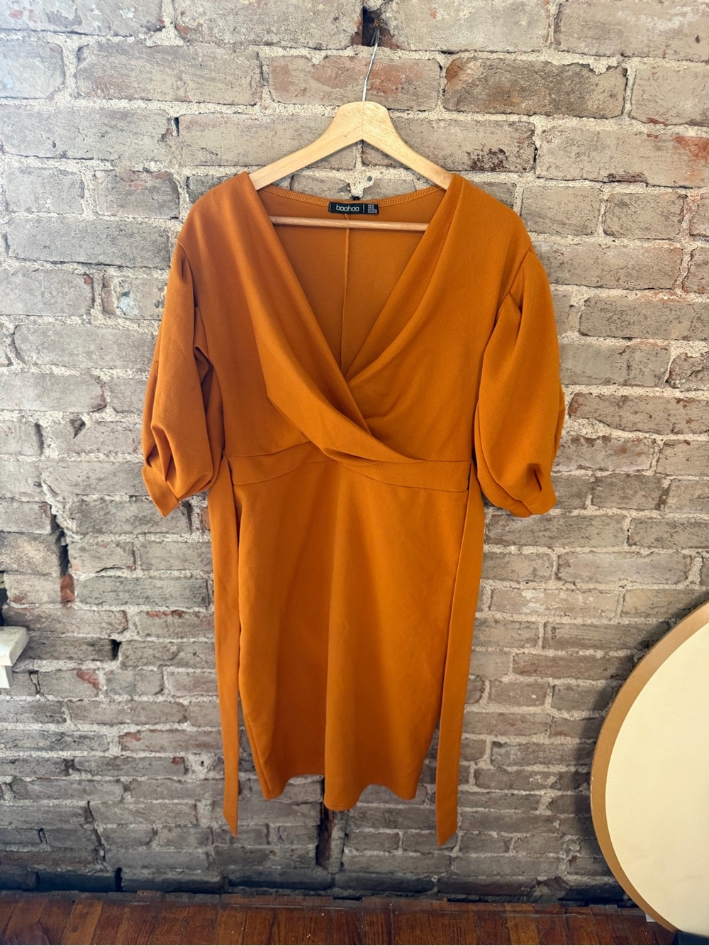 Boohoo Mustard Rust Wrap-Front Midi Dress
